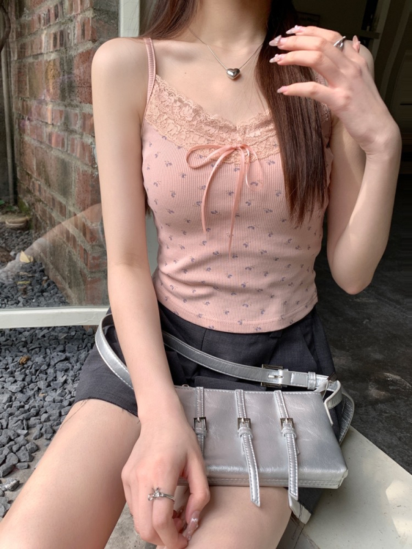 Sievietes camisole top, sling stila, lāča raksts, slim fit, īss garums