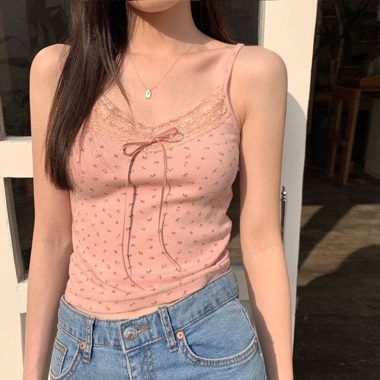 Sievietes camisole top, sling stila, lāča raksts, slim fit, īss garums