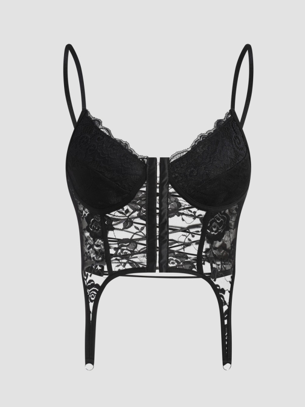 Naisen čipkasti camisole s V-izrezom, prozirni čipkasti detalji, krížni sling remenice, poliester, 141–160 g/m2