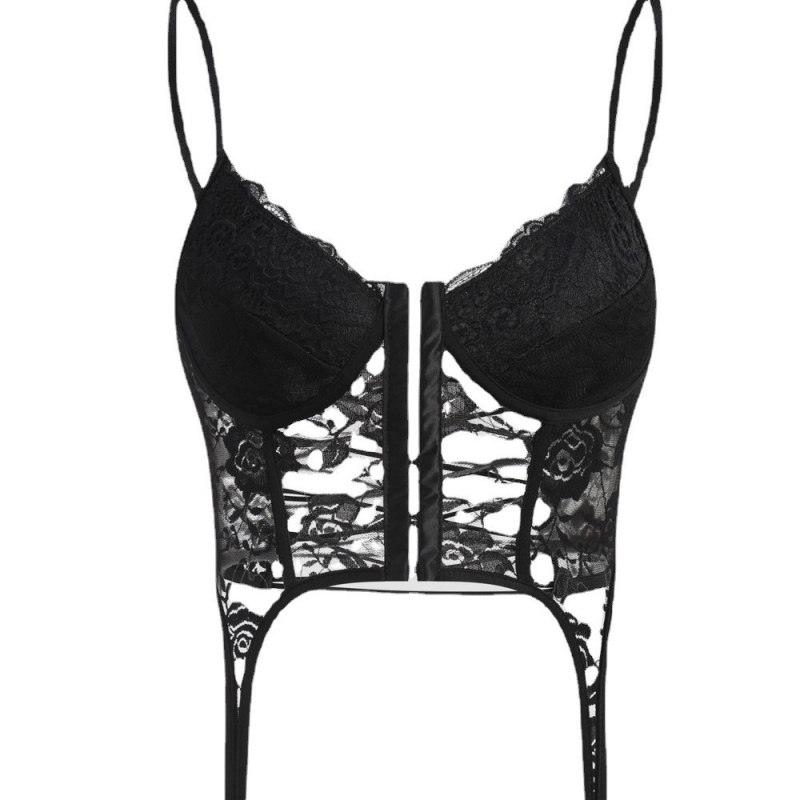 Naisen čipkasti camisole s V-izrezom, prozirni čipkasti detalji, krížni sling remenice, poliester, 141–160 g/m2