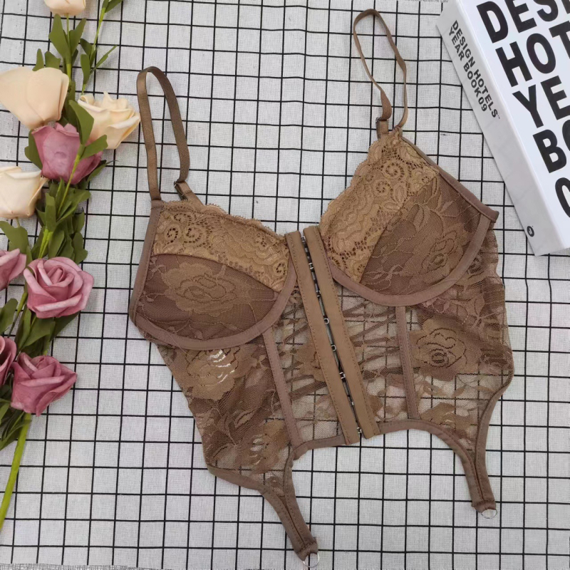 Naisen čipkasti camisole s V-izrezom, prozirni čipkasti detalji, krížni sling remenice, poliester, 141–160 g/m2