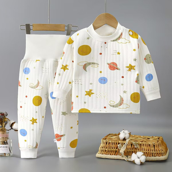 Divdaļīgs bērnu ziemas kokvilnas komplekts ar karikatūras rakstu un augstu jostu vēdera aizsardzībai, vecums 1–3 gadi.