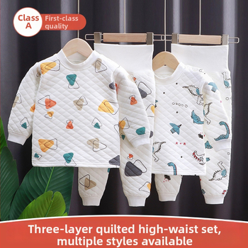 Divdaļīgs bērnu ziemas kokvilnas komplekts ar karikatūras rakstu un augstu jostu vēdera aizsardzībai, vecums 1–3 gadi.