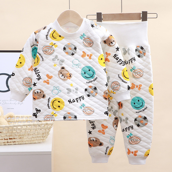 Divdaļīgs bērnu ziemas kokvilnas komplekts ar karikatūras rakstu un augstu jostu vēdera aizsardzībai, vecums 1–3 gadi.