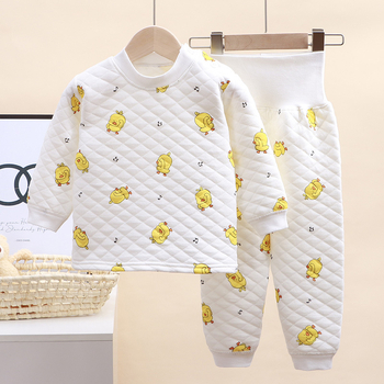 Divdaļīgs bērnu ziemas kokvilnas komplekts ar karikatūras rakstu un augstu jostu vēdera aizsardzībai, vecums 1–3 gadi.