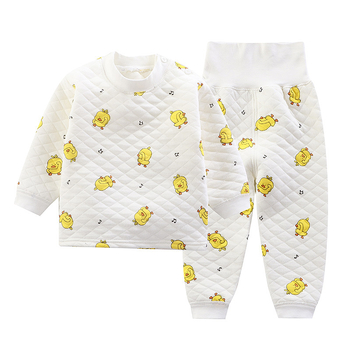 Divdaļīgs bērnu ziemas kokvilnas komplekts ar karikatūras rakstu un augstu jostu vēdera aizsardzībai, vecums 1–3 gadi.