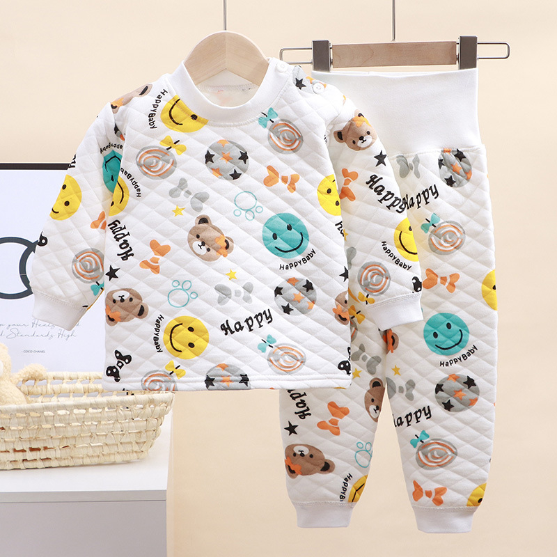 Divdaļīgs bērnu ziemas kokvilnas komplekts ar karikatūras rakstu un augstu jostu vēdera aizsardzībai, vecums 1–3 gadi.