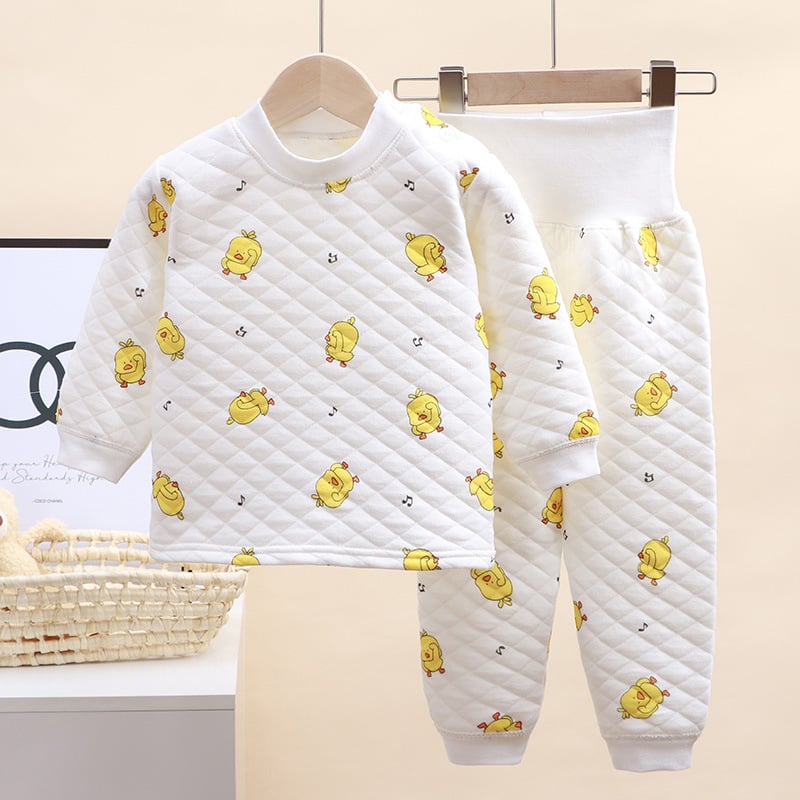 Divdaļīgs bērnu ziemas kokvilnas komplekts ar karikatūras rakstu un augstu jostu vēdera aizsardzībai, vecums 1–3 gadi.