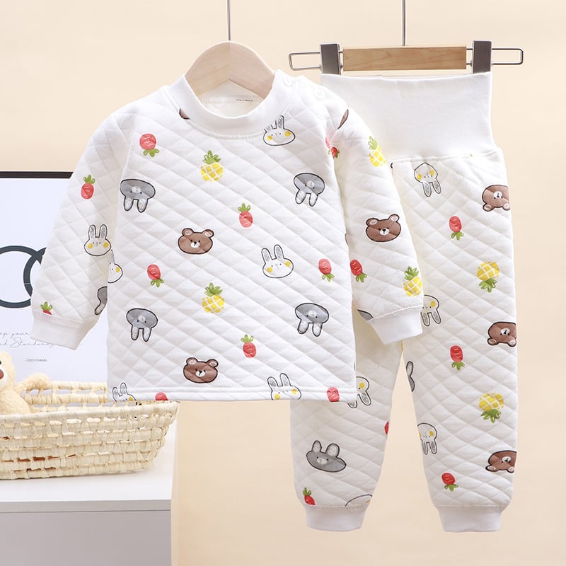 Divdaļīgs bērnu ziemas kokvilnas komplekts ar karikatūras rakstu un augstu jostu vēdera aizsardzībai, vecums 1–3 gadi.