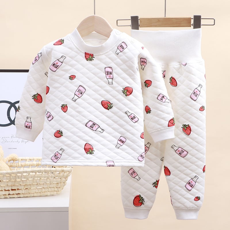 Divdaļīgs bērnu ziemas kokvilnas komplekts ar karikatūras rakstu un augstu jostu vēdera aizsardzībai, vecums 1–3 gadi.