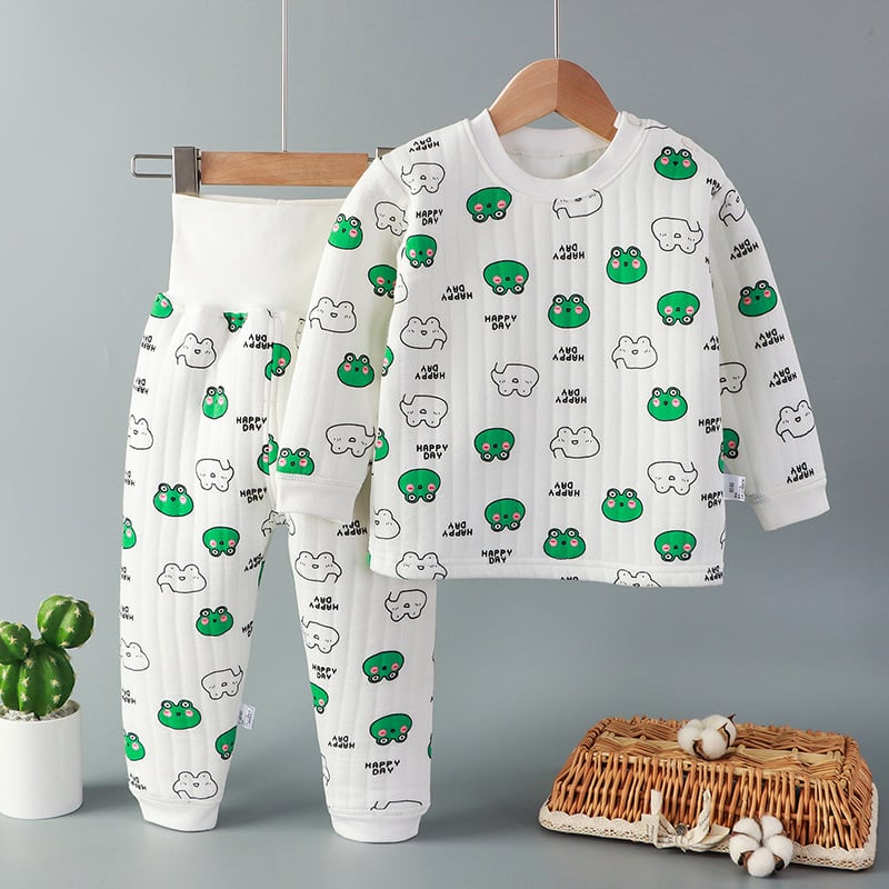 Divdaļīgs bērnu ziemas kokvilnas komplekts ar karikatūras rakstu un augstu jostu vēdera aizsardzībai, vecums 1–3 gadi.