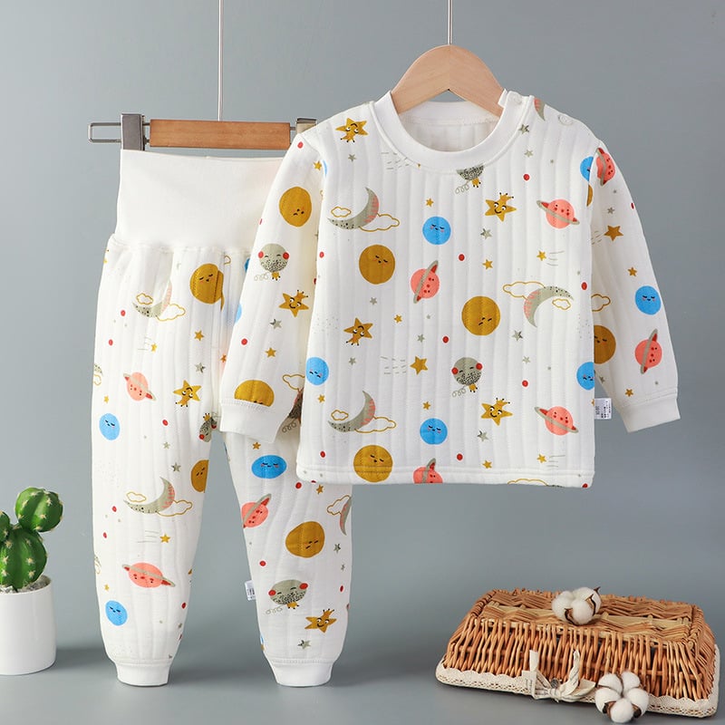 Divdaļīgs bērnu ziemas kokvilnas komplekts ar karikatūras rakstu un augstu jostu vēdera aizsardzībai, vecums 1–3 gadi.