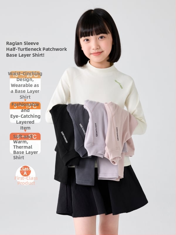 Mergaitėms skirtas pagrindinis marškinėliai su pusiau aukšta apykakle, raglano ilgos rankovės, dryžuotas raštas, 92% poliesteris, švelnus paviršius