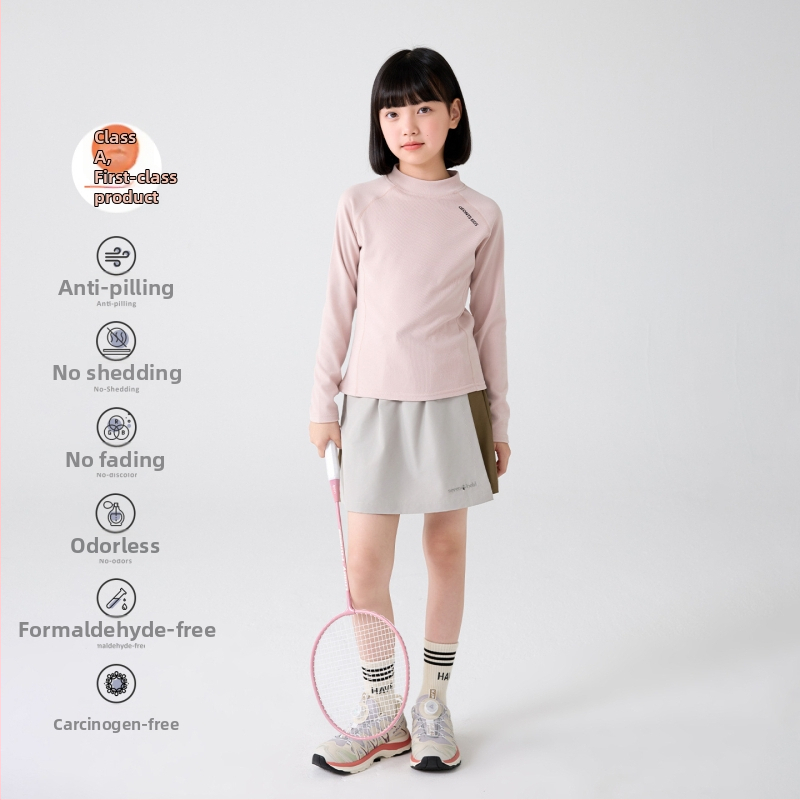 Mergaitėms skirtas pagrindinis marškinėliai su pusiau aukšta apykakle, raglano ilgos rankovės, dryžuotas raštas, 92% poliesteris, švelnus paviršius