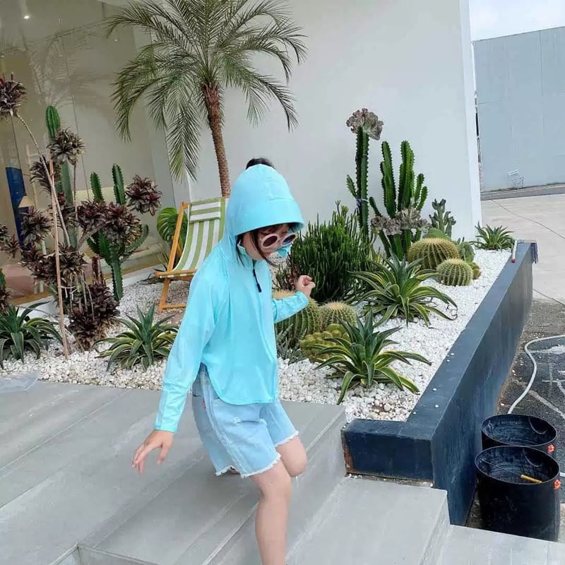 Детска UV защита Ice Silk с качулка, подплата от спандекс, за момичета на възраст 4–6 години