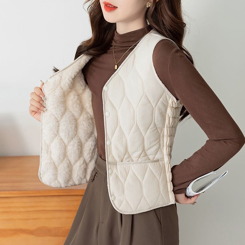 Sieviešu pūka-pamatu veste ar flīsa oderi, silta, gara versija, V kakla izgriezums, šaurs griezums