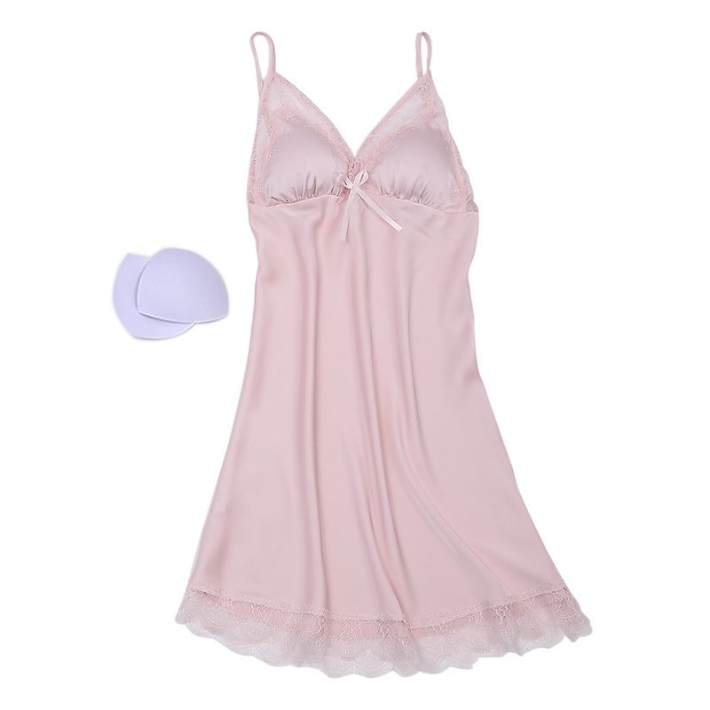 Ženska spavaćica s trakama i jastučićima za dojke, od ice silk materijala, ultra-tanka, V izrez, 3/4 rukava, duljina suknje