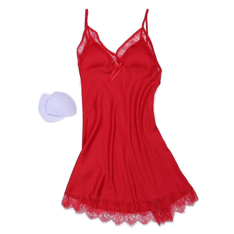 Ženska spavaćica s trakama i jastučićima za dojke, od ice silk materijala, ultra-tanka, V izrez, 3/4 rukava, duljina suknje