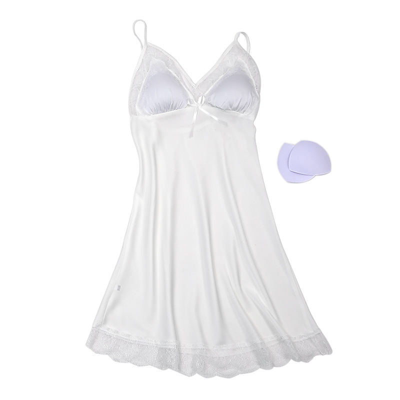 Ženska spavaćica s trakama i jastučićima za dojke, od ice silk materijala, ultra-tanka, V izrez, 3/4 rukava, duljina suknje