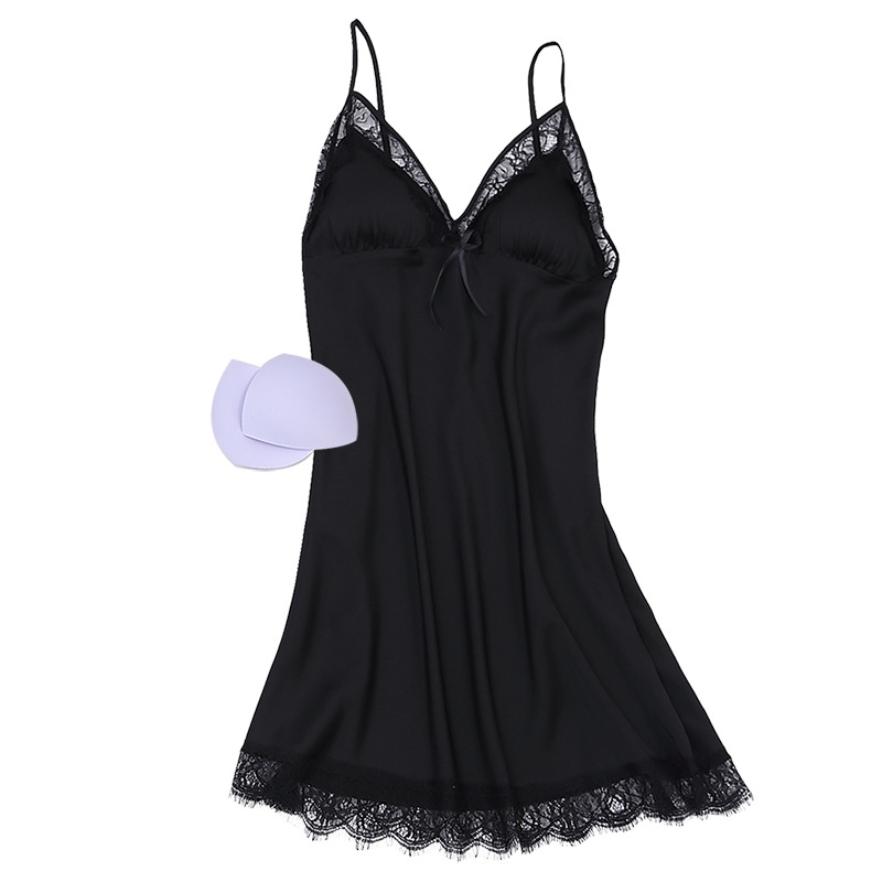 Ženska spavaćica s trakama i jastučićima za dojke, od ice silk materijala, ultra-tanka, V izrez, 3/4 rukava, duljina suknje