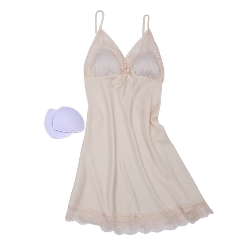 Ženska spavaćica s trakama i jastučićima za dojke, od ice silk materijala, ultra-tanka, V izrez, 3/4 rukava, duljina suknje