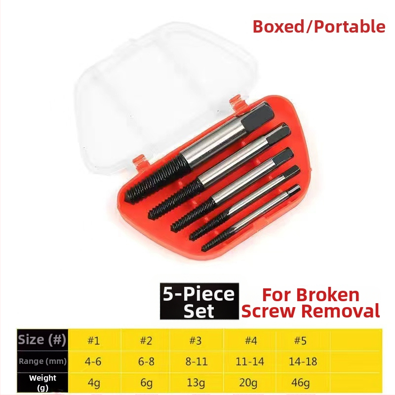 Vannas krānu vītņu remonta komplekts: sabojātas vītnes izvilkējs un vītņu griezējs, augstas oglekļa tērauds, komplekts 1/2/4/5, mājsaimniecības lietošanai, nacionālais standarts, svars 0.6