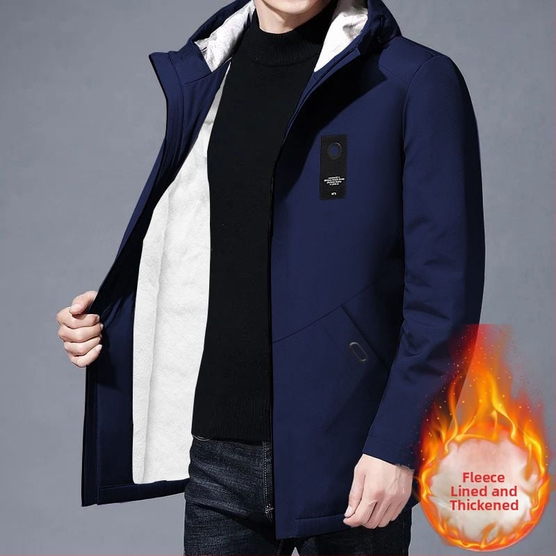 Paltis ar kapuci, stāvošā apkakle, priekšējais rāvējslēdzējs, biezs materiāls, poliestera odere