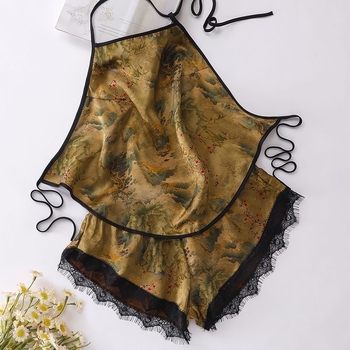 Pidžama od svile Mulberry, bez rukava, kratke hlače, ultratanka 81–100 g/m², print stil
