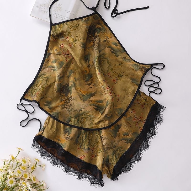 Pidžama od svile Mulberry, bez rukava, kratke hlače, ultratanka 81–100 g/m², print stil