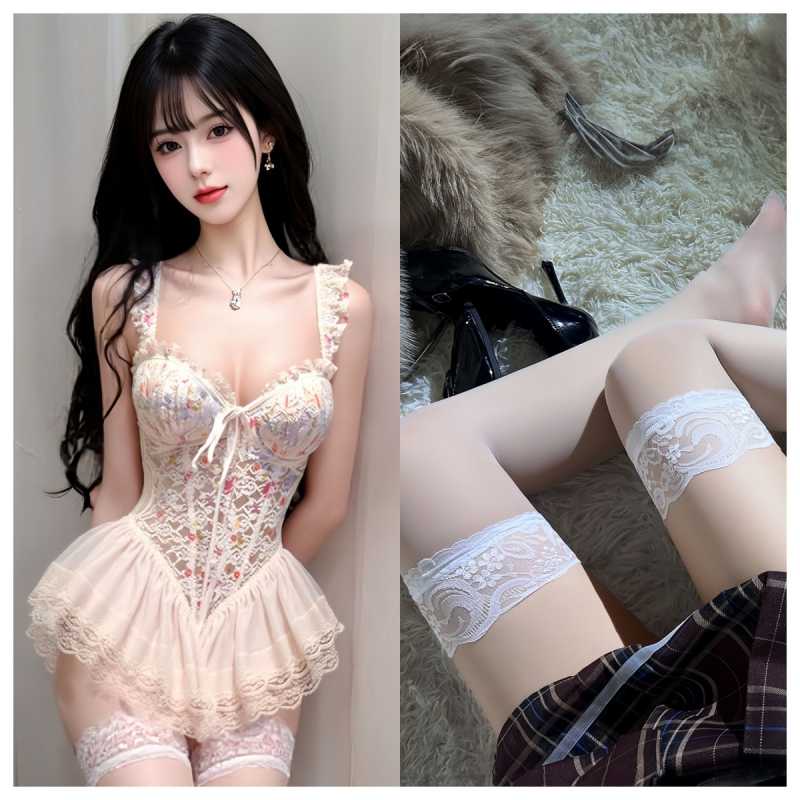 Cipkasti noćni set s grudnjakom s kostima i jastučićima, uski struk, kratka seksi suknja — Čipkasti materijal; Glavni materijal: poliester; Tanka tekstura; V-izrez; Bez rukava