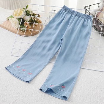 Pantaloni anti țânțari pentru fete, vară, din material Ice Silk, imprimeu floral, aspect denim-look, talie medie cu elastic, pentru copii 3-8 ani