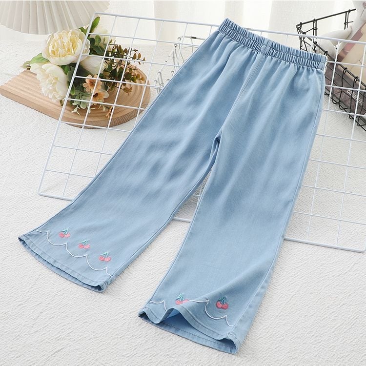 Pantaloni anti țânțari pentru fete, vară, din material Ice Silk, imprimeu floral, aspect denim-look, talie medie cu elastic, pentru copii 3-8 ani