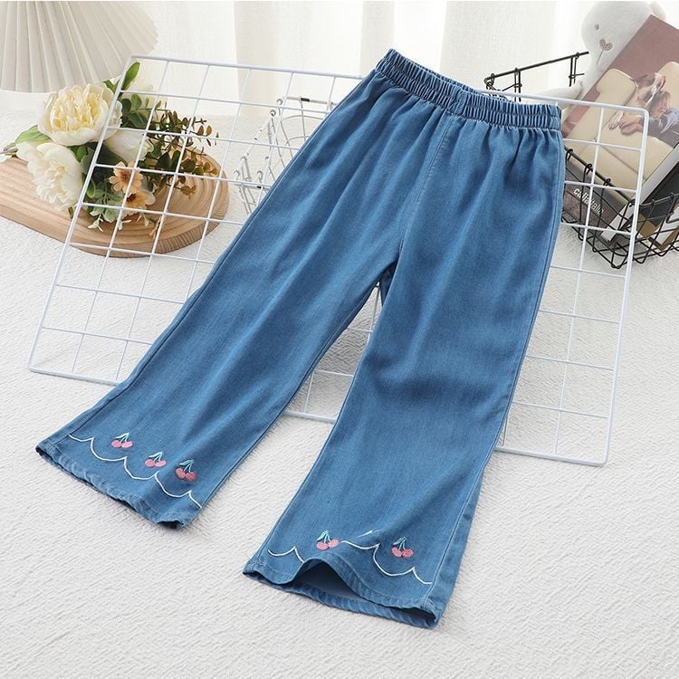Pantaloni anti țânțari pentru fete, vară, din material Ice Silk, imprimeu floral, aspect denim-look, talie medie cu elastic, pentru copii 3-8 ani