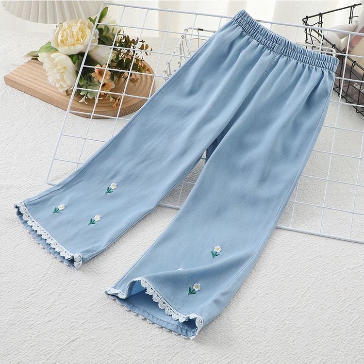 Pantaloni anti țânțari pentru fete, vară, din material Ice Silk, imprimeu floral, aspect denim-look, talie medie cu elastic, pentru copii 3-8 ani