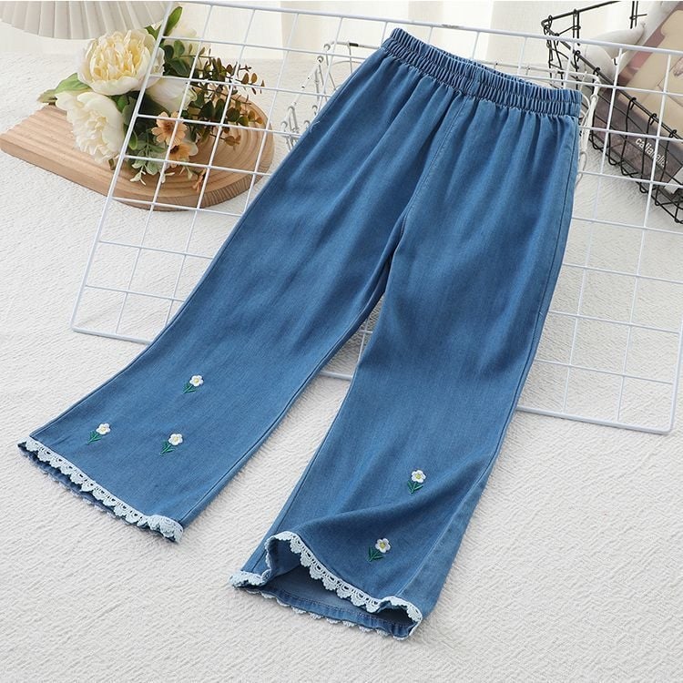 Pantaloni anti țânțari pentru fete, vară, din material Ice Silk, imprimeu floral, aspect denim-look, talie medie cu elastic, pentru copii 3-8 ani