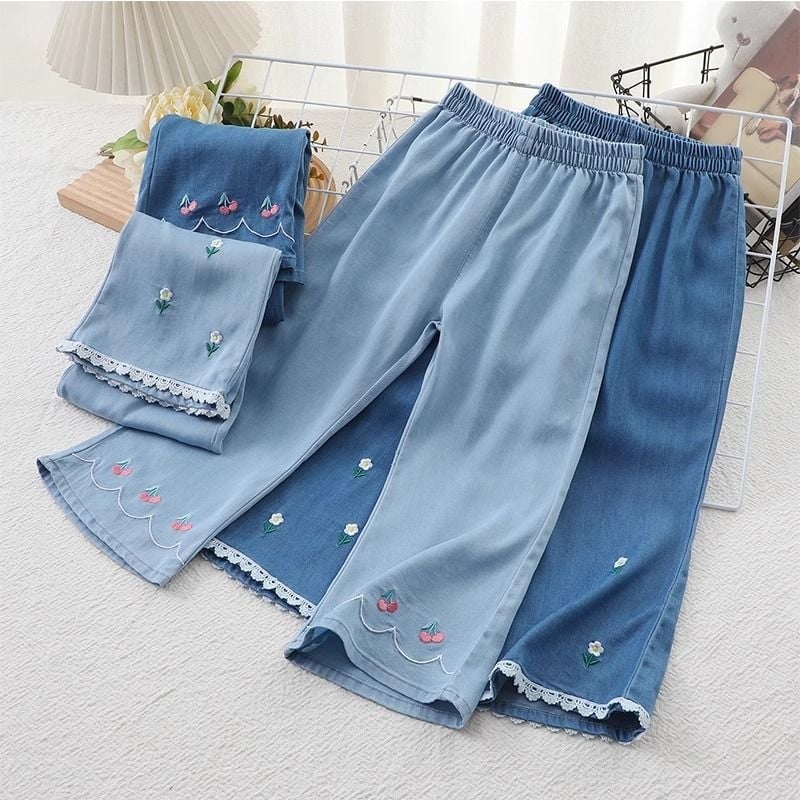 Pantaloni anti țânțari pentru fete, vară, din material Ice Silk, imprimeu floral, aspect denim-look, talie medie cu elastic, pentru copii 3-8 ani