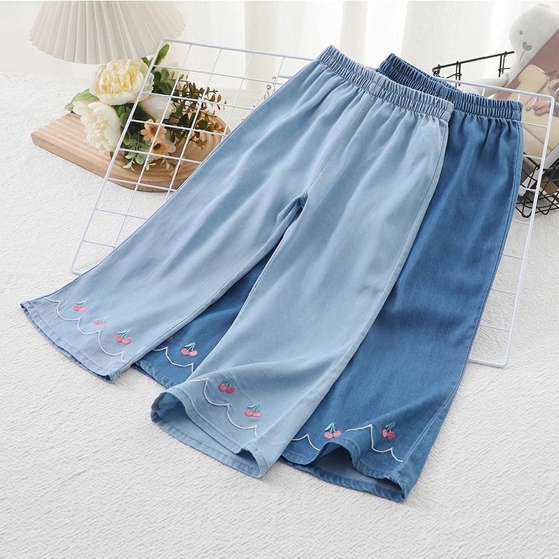 Pantaloni anti țânțari pentru fete, vară, din material Ice Silk, imprimeu floral, aspect denim-look, talie medie cu elastic, pentru copii 3-8 ani