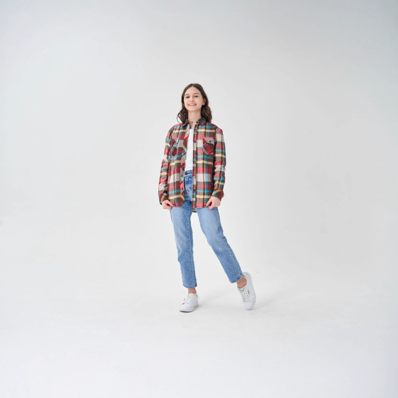 Vaikų marškiniai su languotu raštu, stovinčio kaklo, ilgomis rankovėmis, 100% medvilnė, tinka žiemai ir rudeniui