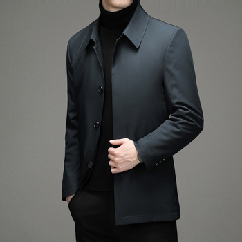 Férfi üzleti stílusú pehelykabát, levehető gallérral, fehér kacsa pehely, 81–85% pehelytartalom, vízálló poliészter anyag, védelem -20°C-tól -5°C-ig