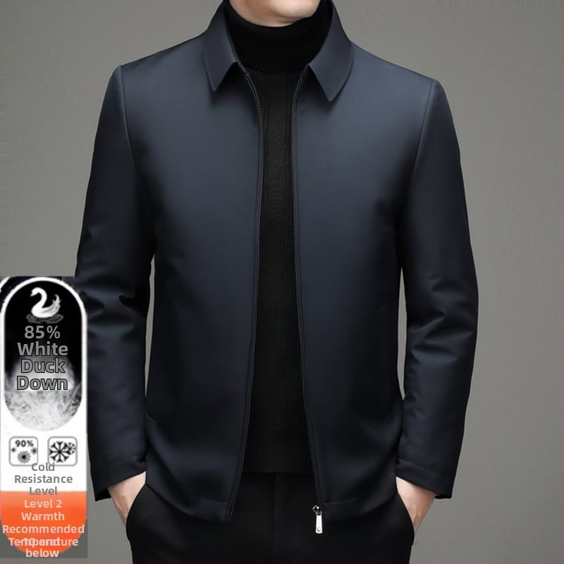 Férfi üzleti stílusú pehelykabát, levehető gallérral, fehér kacsa pehely, 81–85% pehelytartalom, vízálló poliészter anyag, védelem -20°C-tól -5°C-ig