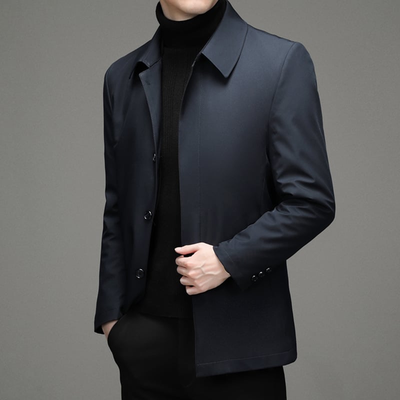 Férfi üzleti stílusú pehelykabát, levehető gallérral, fehér kacsa pehely, 81–85% pehelytartalom, vízálló poliészter anyag, védelem -20°C-tól -5°C-ig