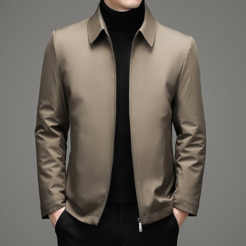 Férfi üzleti stílusú pehelykabát, levehető gallérral, fehér kacsa pehely, 81–85% pehelytartalom, vízálló poliészter anyag, védelem -20°C-tól -5°C-ig