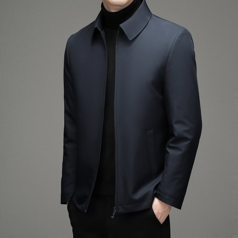 Férfi üzleti stílusú pehelykabát, levehető gallérral, fehér kacsa pehely, 81–85% pehelytartalom, vízálló poliészter anyag, védelem -20°C-tól -5°C-ig