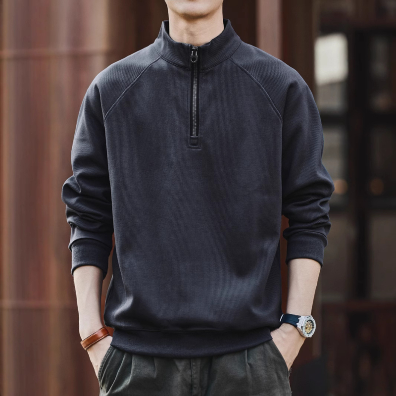 Πουλόβερ φλίς με ψηλό γιακά και μισό φερμουάρ, χειμερινό, χαλαρή γραμμή, μακριά μανίκια, μείγμα πολυεστέρα 65% βαμβάκι 35%, χωρίς επένδυση, μονόχρωμο