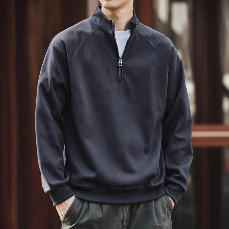 Πουλόβερ φλίς με ψηλό γιακά και μισό φερμουάρ, χειμερινό, χαλαρή γραμμή, μακριά μανίκια, μείγμα πολυεστέρα 65% βαμβάκι 35%, χωρίς επένδυση, μονόχρωμο