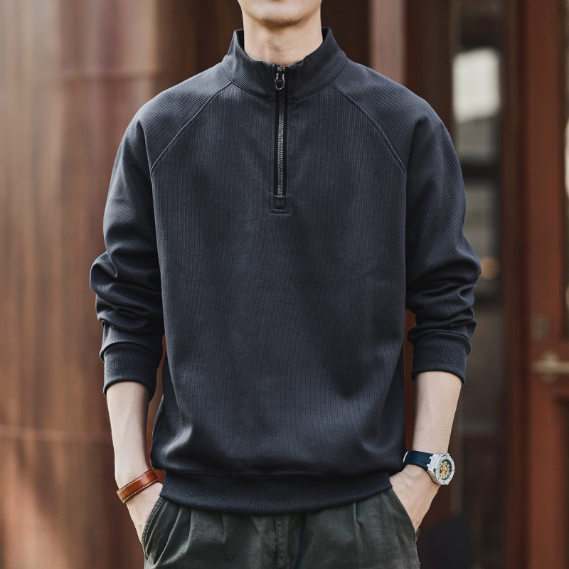 Πουλόβερ φλίς με ψηλό γιακά και μισό φερμουάρ, χειμερινό, χαλαρή γραμμή, μακριά μανίκια, μείγμα πολυεστέρα 65% βαμβάκι 35%, χωρίς επένδυση, μονόχρωμο