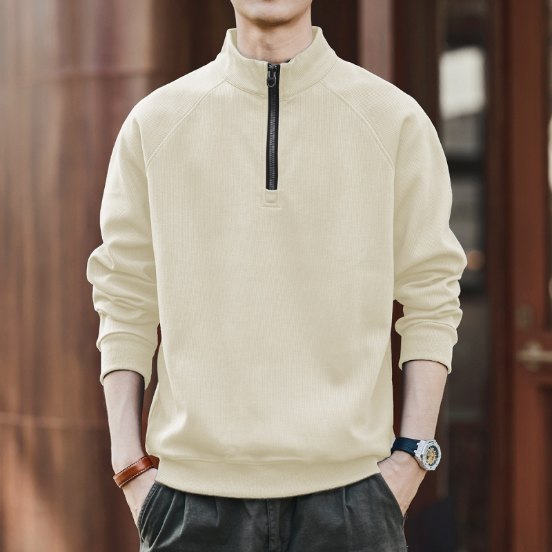 Πουλόβερ φλίς με ψηλό γιακά και μισό φερμουάρ, χειμερινό, χαλαρή γραμμή, μακριά μανίκια, μείγμα πολυεστέρα 65% βαμβάκι 35%, χωρίς επένδυση, μονόχρωμο