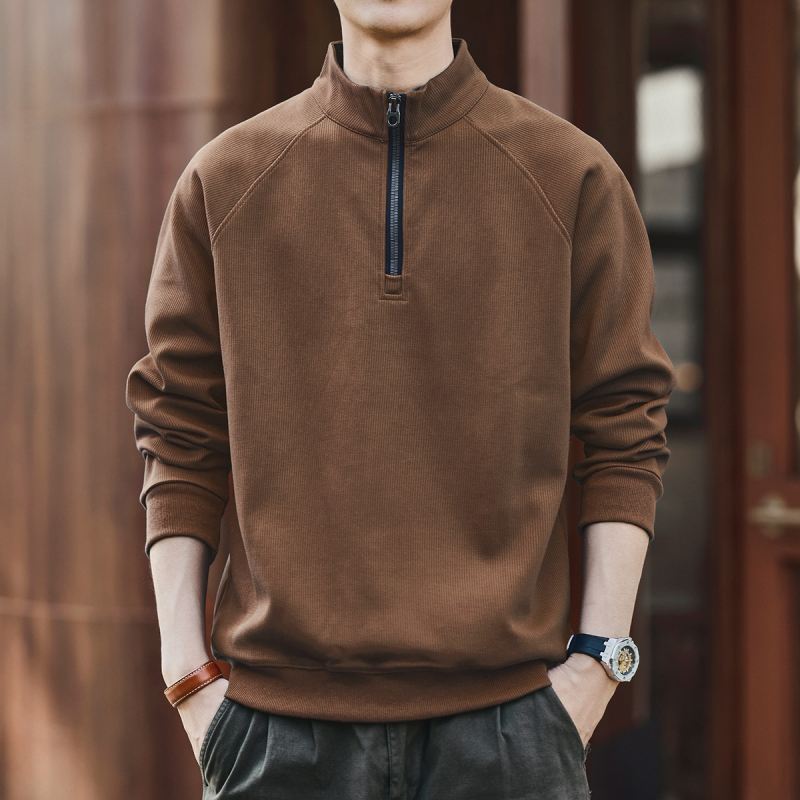 Πουλόβερ φλίς με ψηλό γιακά και μισό φερμουάρ, χειμερινό, χαλαρή γραμμή, μακριά μανίκια, μείγμα πολυεστέρα 65% βαμβάκι 35%, χωρίς επένδυση, μονόχρωμο