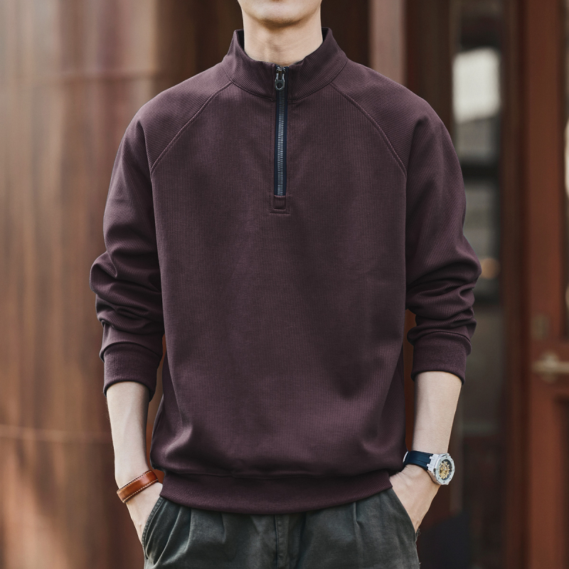 Πουλόβερ φλίς με ψηλό γιακά και μισό φερμουάρ, χειμερινό, χαλαρή γραμμή, μακριά μανίκια, μείγμα πολυεστέρα 65% βαμβάκι 35%, χωρίς επένδυση, μονόχρωμο