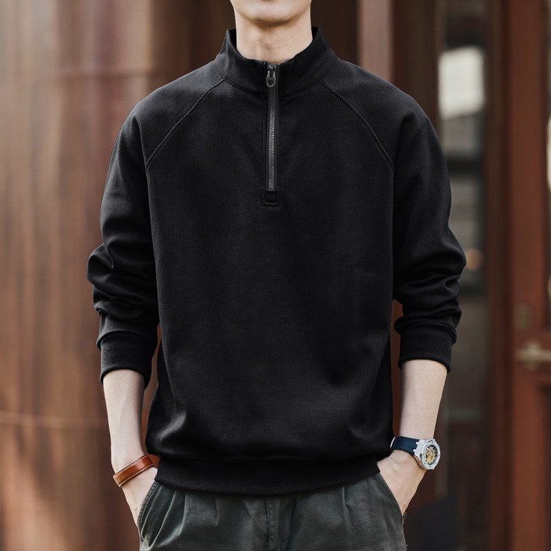 Πουλόβερ φλίς με ψηλό γιακά και μισό φερμουάρ, χειμερινό, χαλαρή γραμμή, μακριά μανίκια, μείγμα πολυεστέρα 65% βαμβάκι 35%, χωρίς επένδυση, μονόχρωμο